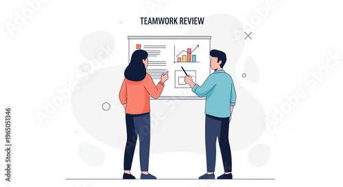 Teamwork review: two colleagues analyze charts on a whiteboard in a modern office.