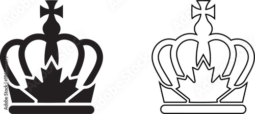 Canadian royal crown vector icon featuring a maple leaf and cross in black silhouette and line art styles, symbolizing Canada monarchy, sovereignty, and national heritage.