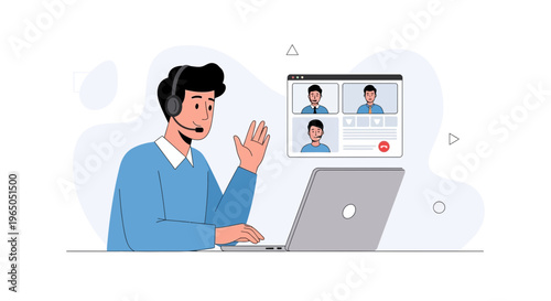 Man on Video Call with Colleagues, Remote Work, Online Meeting, Business Communication