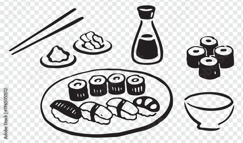 Traditional japanese sushi meal setup with various accessories and dishes Vector, illustration