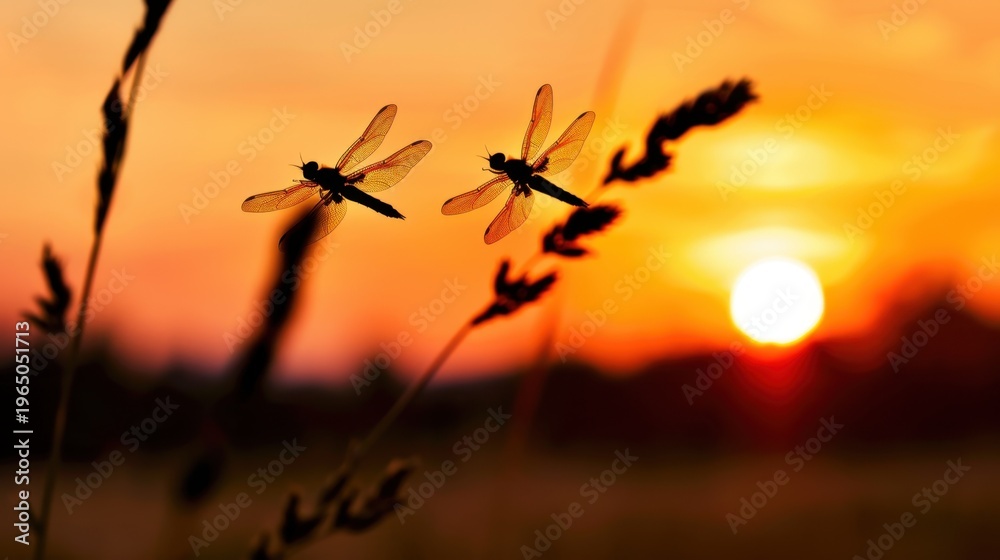 Obraz premium Dragonflies Silhouetted Against a Vibrant Sunset Over an Open Field with Soft Light and Warm Colors