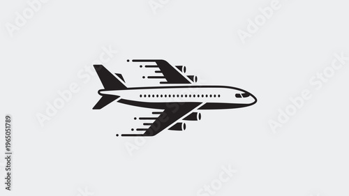 A black and white minimalist icon depicts an airplane flying horizontally with dynamic speed lines trailing behind its wings, illustrating rapid travel or fast delivery.