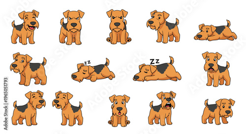 Cartoon Welsh Terrier dog in various poses including playing and sleeping  