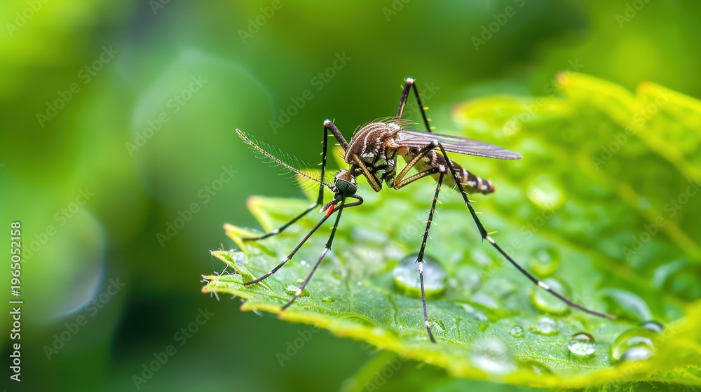 Fototapeta premium Close-Up of Mosquito on Leaf with Water Droplets in Lush Green Environment