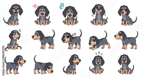 Cartoon bluetick coonhound dog in various playful expressions  