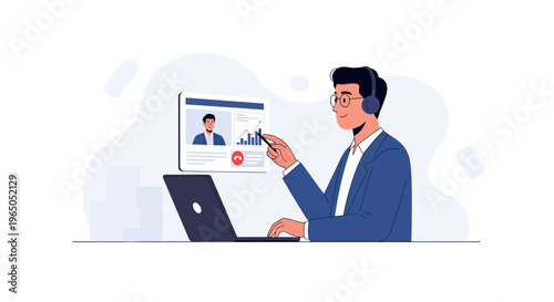 Man in Video Call Discussing Business Growth with Online Colleague