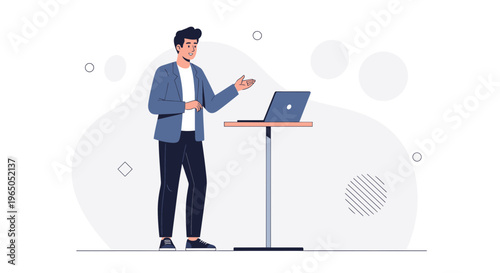 Man Presenting with Laptop on Stand - Business Meeting, Presentation, Digital Technology