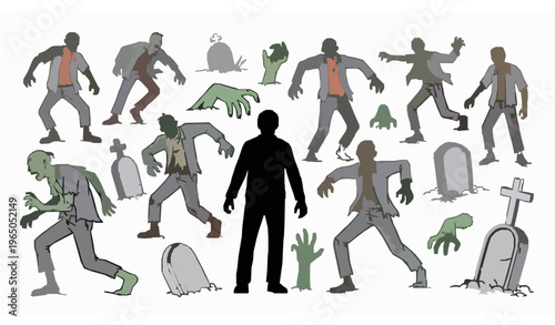 Zombie apocalypse doodle scene vector with chaotic undead attack sketch style illustration isolated on white background