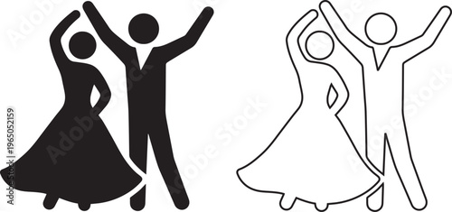 dancing couple in formal attire, featuring black silhouette and line art styles for ballroom dance, wedding celebration, and party event designs.