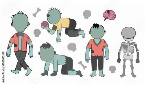 Cute zombie apocalypse doodle vector set with funny undead characters and spooky elements isolated on white