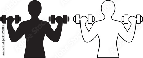 Minimalist vector illustration of a man lifting dumbbells in solid black silhouette and line art styles, representing fitness, bodybuilding, weightlifting, and healthy gym lifestyle.