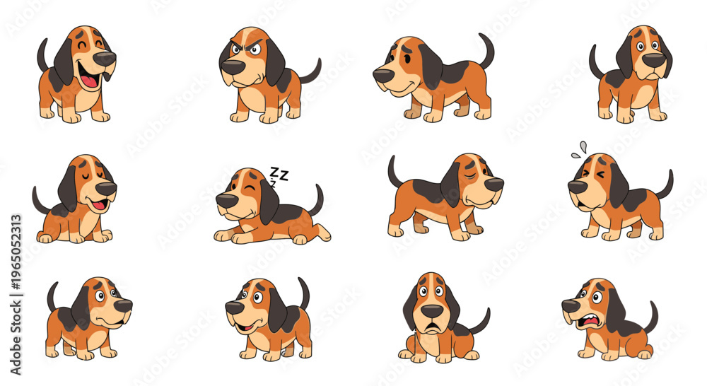 Obraz premium Cartoon Plott Hound dog showing various emotions and actions 