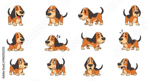 Cartoon Plott Hound dog showing various emotions and actions  