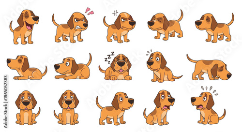 Playful cartoon Plott Hound dog expressing various emotions and poses  