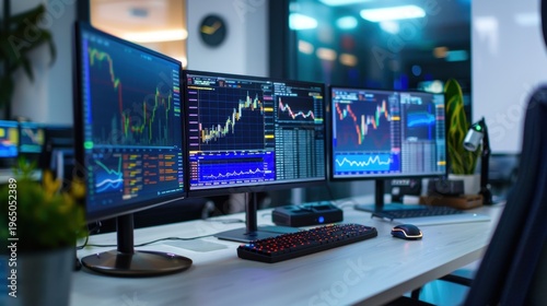 Modern Office Workspace with Multiple Monitors Displaying Financial Market Data and Analytics Charts for Trading