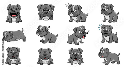 Cartoon illustrations of a cute bulldog showing various emotions  