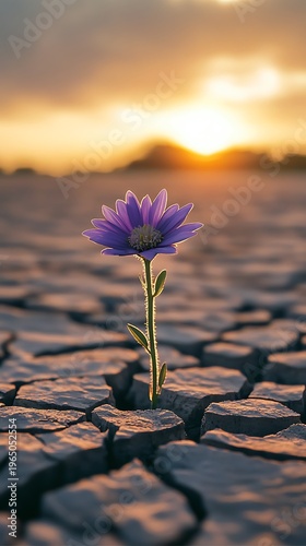 Bright purple flower glows in cracked soil at beautiful golden sunset