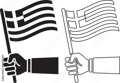 Hand holding the waving flag of Greece vector illustration in solid black and line art styles, representing Greek national pride, patriotism, tourism, and independence celebrations.