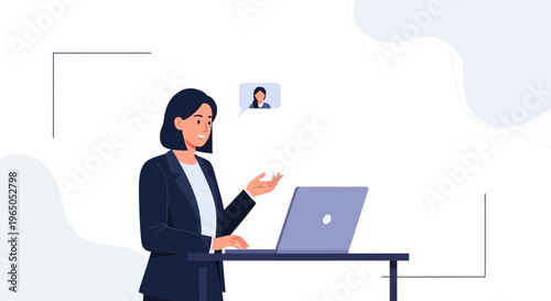 Woman in business suit on video call, laptop, online meeting, remote work, communication
