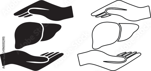 Vector illustration of a human liver protected by cupped hands in solid black and line art styles, representing organ donation, medical healthcare insurance, and hepatology wellness.
