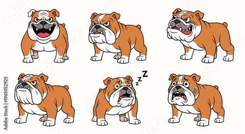 Cartoon bulldog showing various emotions and expressions  