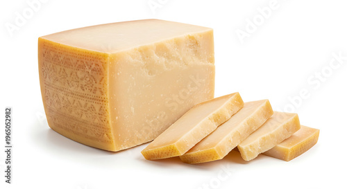 A block of aged Parmesan cheese is sliced into thin pieces on a white background.