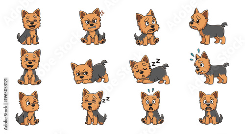 Cartoon Yorkshire Terrier dog with various expressive emotions  