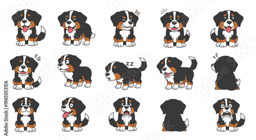 Cartoon Bernese Mountain Dog expressing various emotions and poses  