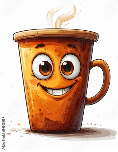 Charming Cartoon Coffee Cup Character with a Joyful Smile and Steaming Hot Beverage, Perfect for Cafes and Beverage Brands