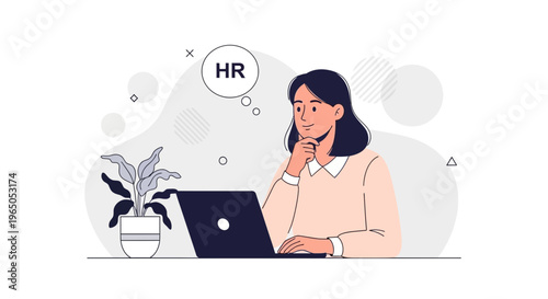 HR professional working on laptop, thinking about human resources strategy