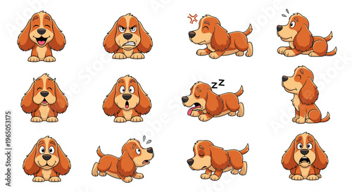 Cartoon Cocker Spaniel dog in various poses and emotions  