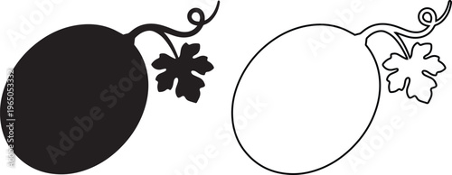 minimalist vector set of a whole watermelon with a stem and leaf, featuring both a solid black silhouette and a line art outline for healthy food and summer gardening icons.
