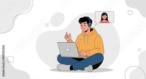 Young man in headphones video calling on laptop, online communication concept