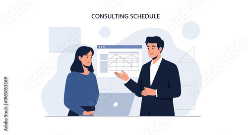 Business meeting: consulting schedule, financial chart on screen, laptop, two professionals