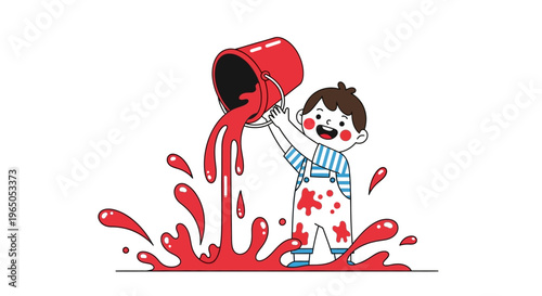Happy child spilling red paint from bucket, creative fun, artistic mess
