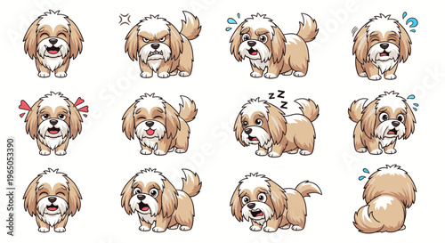 Lhasa Apso dog in various expressive cartoon emotions and poses  