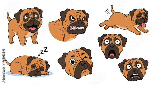 Cartoon Bullmastiff dog expressions and emotions in various poses  