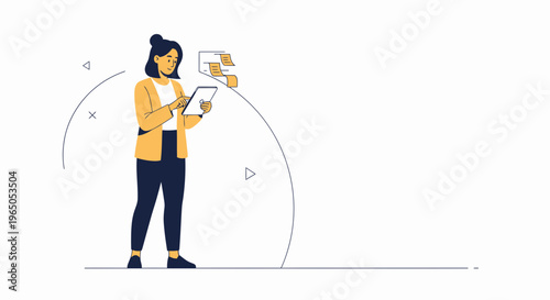 Woman using tablet near sticky notes board, planning and organization concept