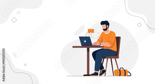 Man working on laptop, sending emails, freelance, remote work, modern illustration