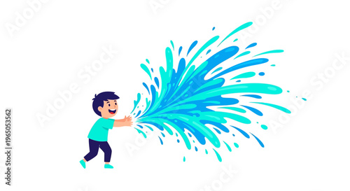 Happy Boy Playing with Water Gun, Splashing Water Fun