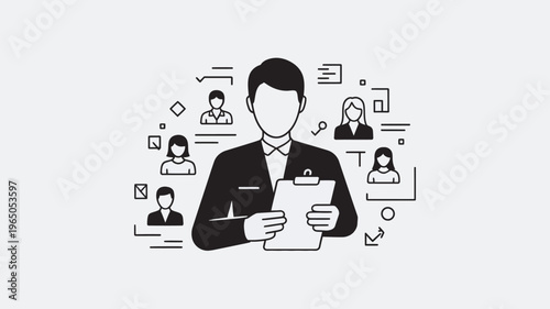 A black and white outline icon features a male figure in a suit holding a clipboard, surrounded by various user profile icons, illustrating human resources or business management.