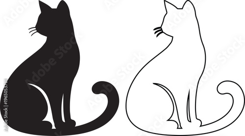 minimalist vector set of a graceful sitting cat with a curled tail, featuring both a solid black silhouette and a line art outline style for pet and animal-themed designs.