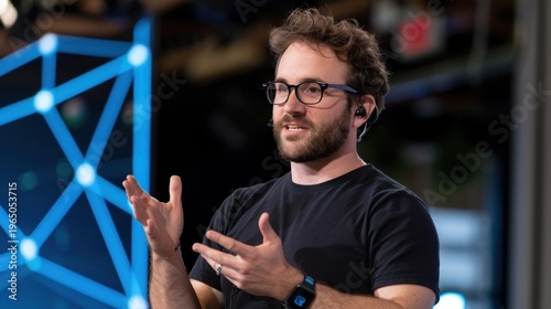 Engaging Technology Speaker Discusses Innovations at Conference with Gestures and Visuals in Background