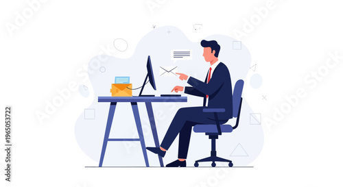 Businessman sending email from computer at desk, modern office illustration