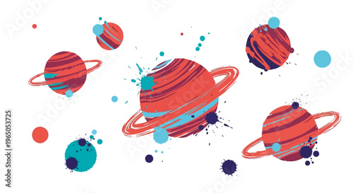 Colorful Planets and Stars in Space, Artistic Watercolor Splashes