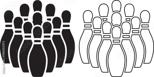 minimalist vector set of ten bowling pins arranged in a classic triangle formation, featuring solid black silhouette and line art outline styles for sports icons.