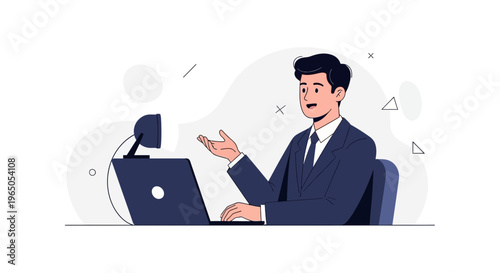 Man in Suit Video Calling on Laptop with Webcam - Business Communication