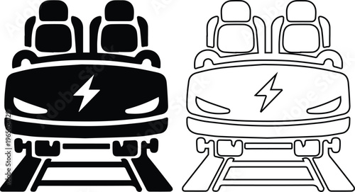minimalist vector set of a roller coaster car on tracks with a lightning bolt symbol, featuring solid black silhouette and line art outline styles for theme park icons.