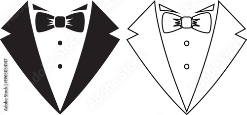minimalist vector set of a classic tuxedo lapel with a bow tie and buttons, featuring solid black silhouette and line art outline styles for formal events and luxury.