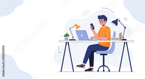 Man Working Remotely on Laptop and Phone at Desk, Modern Flat Illustration